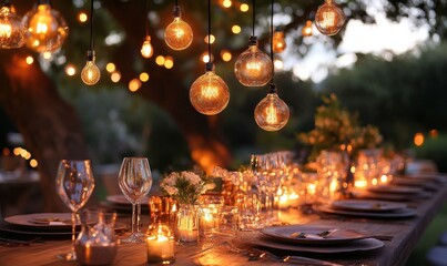 Elegant outdoor dining lit by warm string lights.