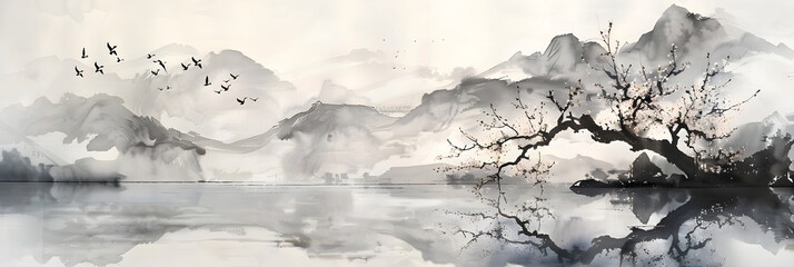 Dawn's First Light; A Peaceful Landscape of Delicate Cherry Blossoms Against a Mountainous Backdrop