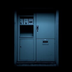 A metal electrical enclosure with instruments in a darkened room