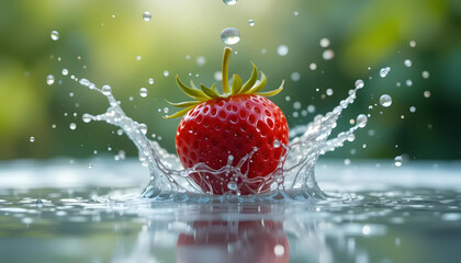 A Vibrant Red Strawberry Splashing Into Crystal-clear Water, A Burst Of Juicy Freshness Against A Soft Green Background