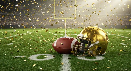 Golden football helmet, ball on the field, confetti in the air, moment of triumph, team celebrating victory
