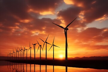 Wind turbines at sunset. wind turbine silhouette on mountain at sunset