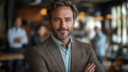 Obraz premium A man in a tailored suit with arms folded, sporting a focused expression, is set against an indistinct office setting with team members in the backdrop, portraying his skills in corporate strategy.