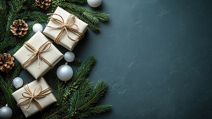 A minimal Christmas background with a composition of three white gift boxes, fir branches, and white baubles on a solid gray background. This simple, neutral Xmas winter holiday concept is presented