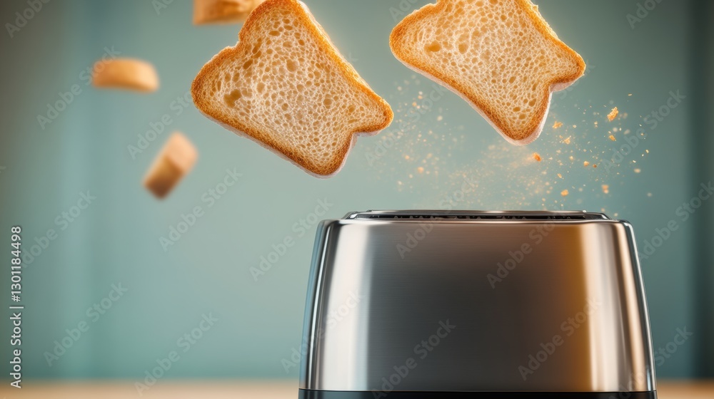 Poster toaster with two slices of bread in it. the bread is toasted and is flying out of the toaster