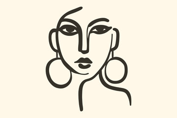 Abstract woman portrait with earrings, line art icon, monochrome
