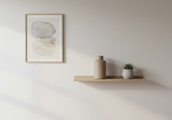 Minimalist Home Decor: Beige and Gray Abstract Art Print on Wooden Shelf