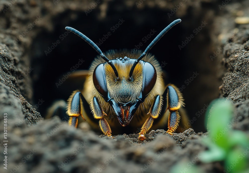 Poster close-up of a bee emerging from its nest in soil with intricate details captured in nature's habitat