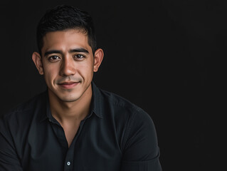 Obraz premium A Hispanic man with short hair, looking confidently at the camera with a plain white minimalistic background, modern attire, natural expression