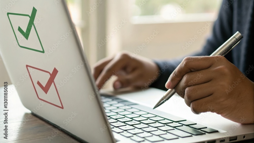 Poster checking off tasks: close-up of hands using a laptop, focusing on a checklist with green and red che