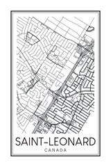 Printable downtown road map poster of the Canadian city of SAINT-LEONARD on solid white background with city name