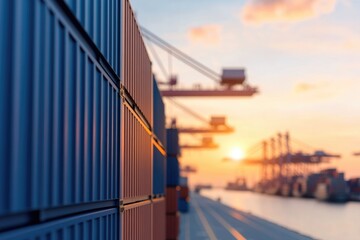 Naklejka premium close-up of shipping containers stacked at bustling port cranes lifting loads into distance as setting sun casts orange