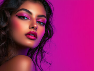 Fototapeta premium A South Asian woman with bold makeup and a strong expression, posing against a solid color minimalistic background