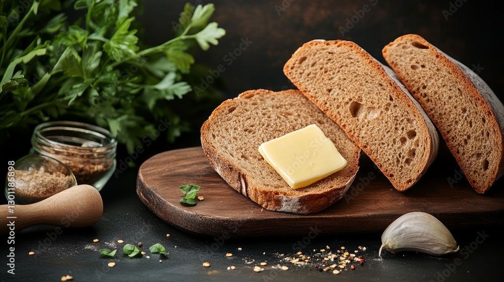 Poster slice of bread with butter on top of it. the bread is cut in half and the butter is spread on top. t