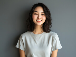 Fototapeta premium An East Asian woman with a soft smile, wearing casual attire, posed against a light gray wall, minimalistic backdrop with soft natural lighting