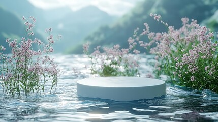 A pastel mint blue abstract nature scene with a white cylinder podium on transparent water with waves and the soft shadow of plants. This pedestal is perfect for showcasing cosmetic products 