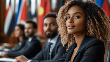 A confident woman at an international diplomatic meeting, surrounded by diverse professionals with flags in the background.