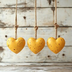 Yellow hearts hanging, rustic wood