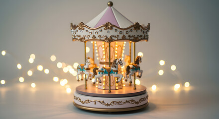 Miniature carousel with delicate golden details, glowing under soft fairy lights, nostalgic atmosphere