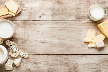 minimalistic composition of assortment of dairy products neatly arranged on rustic wooden surface featuring milk cheese