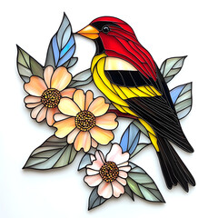 Colorful stained glass bird and flowers a close-up of nature's beauty