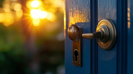 Obraz premium Golden Door Handle Sunset Light Blue Door Exterior Home Entrance New Beginning Warm Light Summer Evening Peaceful Tranquil Scene Open Doorway 