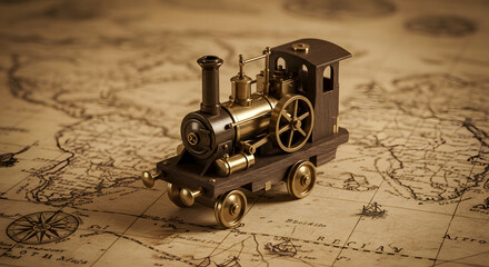 Small toy steam engine resting on a vintage map, sepia tones creating an old-world feel