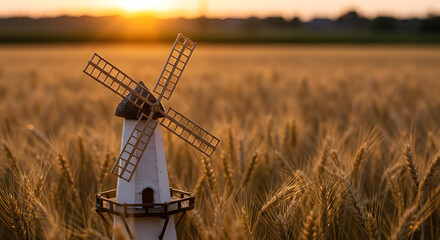 Miniature windmill model in front of a soft blurred countryside background, golden wheat field tones