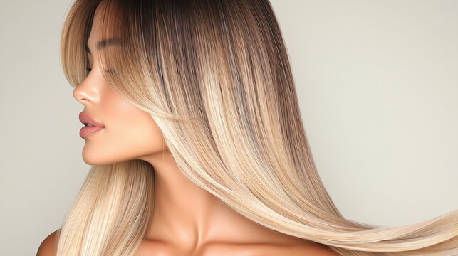 A side profile of a beautiful woman with long, smooth, balayage blonde hair against a neutral background.