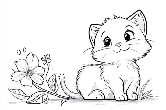 Cute kitten sitting near flower, coloring book page