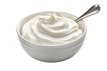 White yogurt or sour cream in bowl with spoon.