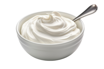 White yogurt or sour cream in bowl with spoon.