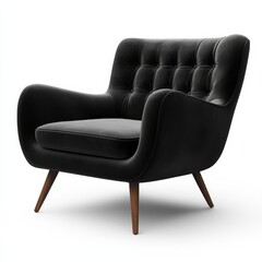 Naklejka premium Elegant Black Velvet Armchair with Tufted Backrest and Wooden Legs on White Background