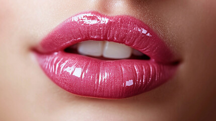 Obraz premium High-resolution close-up of shiny pink lips with a glossy finish, showcasing beauty and cosmetics.