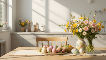 A Sunlit Kitchen Table Adorned With Pastel Easter Eggs And A Vibrant Bouquet Of Spring Flowers, Bathed In Warm Golden Light And Featuring A Blurred Background