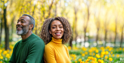 Fototapeta premium Happy couple. African american senior people in spring park. Black man and woman in love. Adult persons lifestyle. Mature active african couple spring portrait with smile. Healthy people outdoors bg