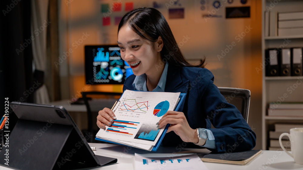 Poster asian businesswoman showing charts and graphs during video call meeting presenting financial report 