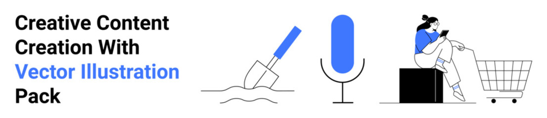 Trowel with soil, microphone, and woman seated near a shopping cart using her phone. Ideal for technology, creativity, retail, shopping, e-commerce, content design flat landing page banner