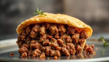 Savory delight Tender meat encased in golden pastry shell garnished with fresh herbs culinary gem