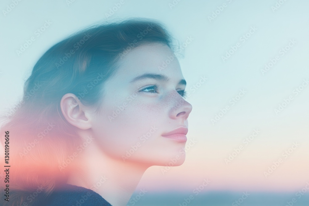 Poster young individual gazes out of window lost in thought with soft lighting casting hopeful glow around 