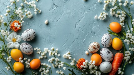 A pre Easter arrangement with a letter to the Easter Bunny, quail eggs, carrots, and gypsophila flowers on a light blue background.