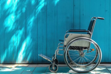 Ergonomic Wheelchair Positioned in Front of Bright Blue Walls of a Rehabilitation Center, Showcasing Modern Design and Details for Medical Environments