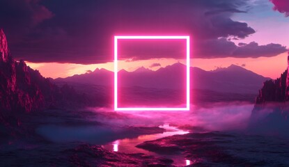 Neon Portal over Majestic Mountains: A captivating digital artwork showcases a luminous neon square hovering above a serene mountain range at dusk, with a river flowing in the foreground.