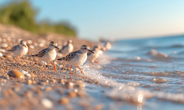 Shorebirds Walking on Sandy Beach at Sunrise