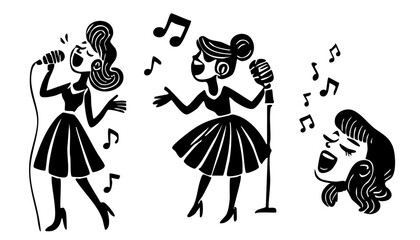 Hand drawn set singer silhouette. Cartoon singing woman. Flat vector illustration of singers. Karaoke woman.