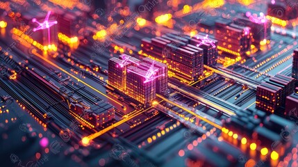 Fototapeta premium Cyberpunk Cityscape: Digital Metropolis on a Circuit Board
