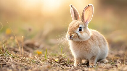 Fototapeta premium Easter Holiday, Easter Concept, Adorable Fluffy Bunny Rabbit in Golden Sunset Meadow Springtime Nature