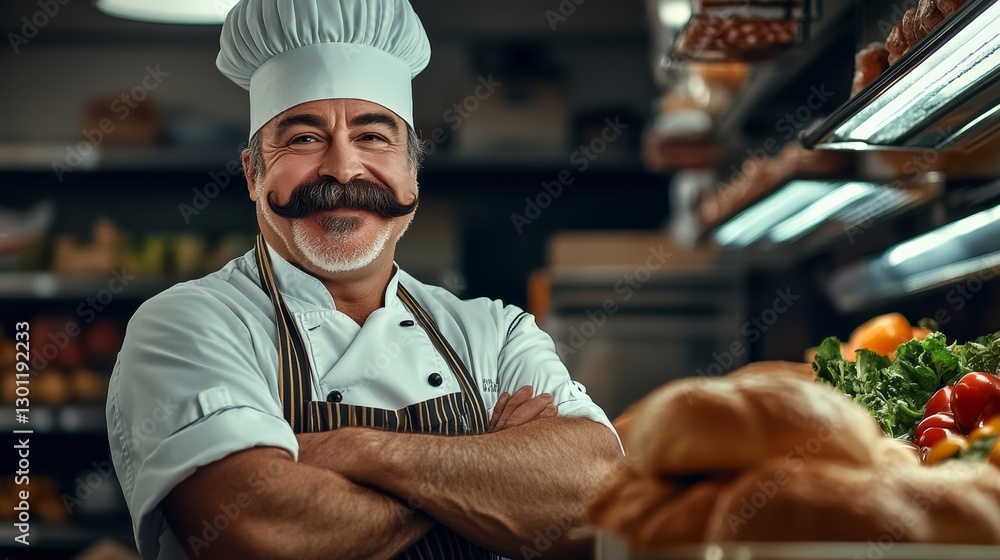 Poster chef with a mustache stands in front of a counter with a variety of food items, including bread and 