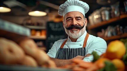 Man in a chef's hat and apron is smiling and posing for a picture. He is surrounded by various fruits and vegetables, including oranges and carrots. Concept of warmth and hospitality
