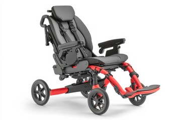 Adjustable Medical Wheelchair with Armrests and Safety Harness Isolated on White Background, Studio Lighting Shot for Healthcare and Mobility Use